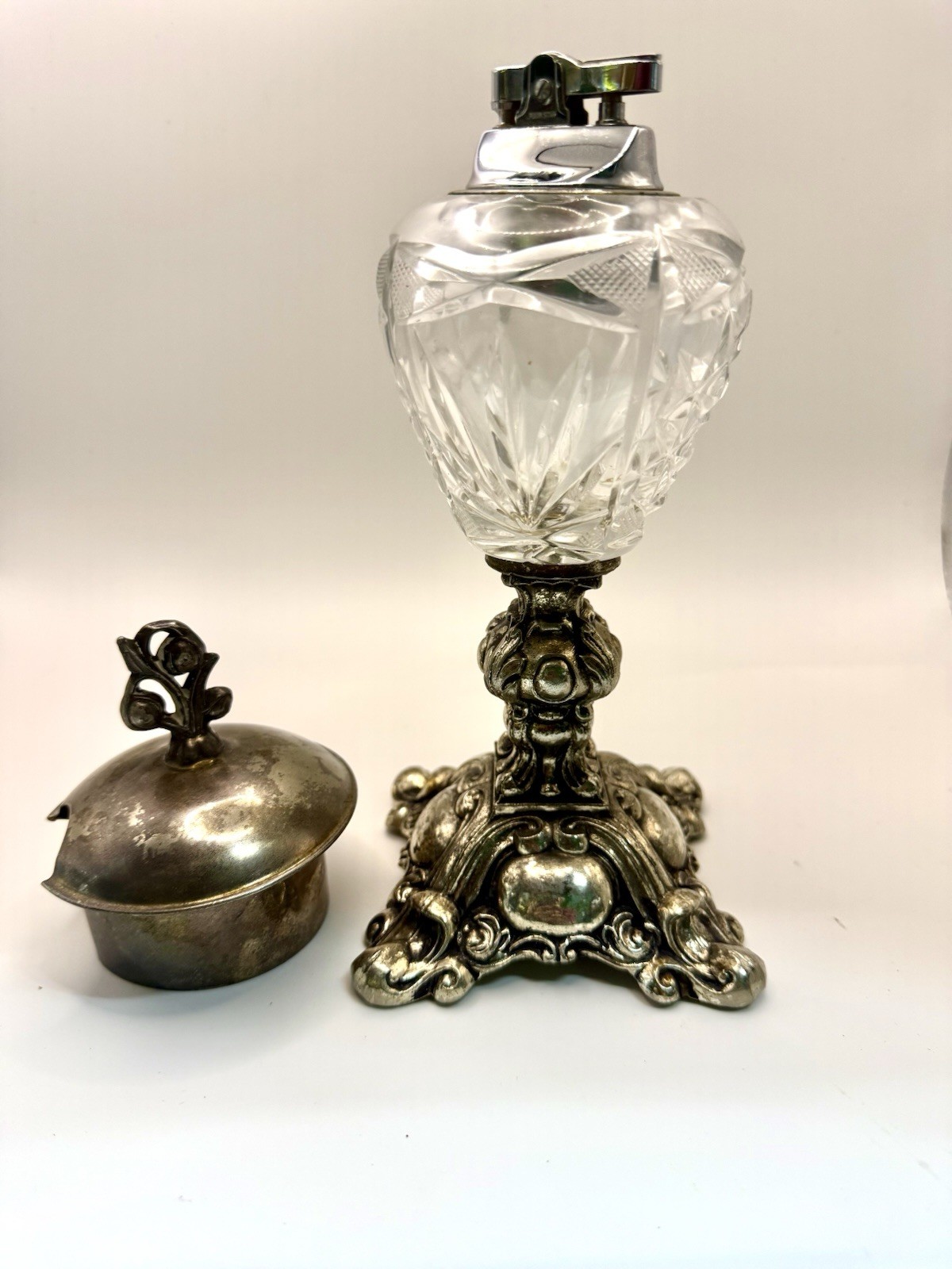 Ornate Crystal Tabletop Lighter w/ Brass Base & Snuffer Cap Marked L & L 8305