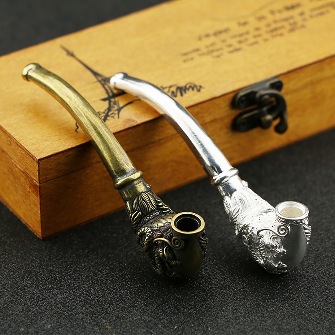 2Pcs Bronze Dragon Silver Phoenix Tobacco Smoking Pipe Hand Carved Copper Statue