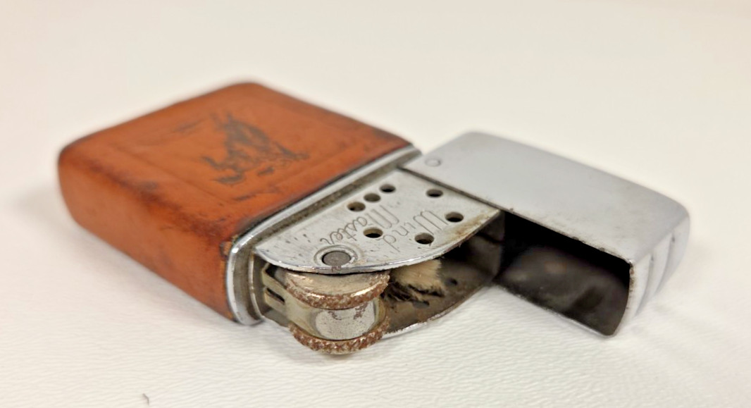 Vtg Brown & Bigelow Wind Master Lighter Western Cowboy Bronco Leather Wrap MCM