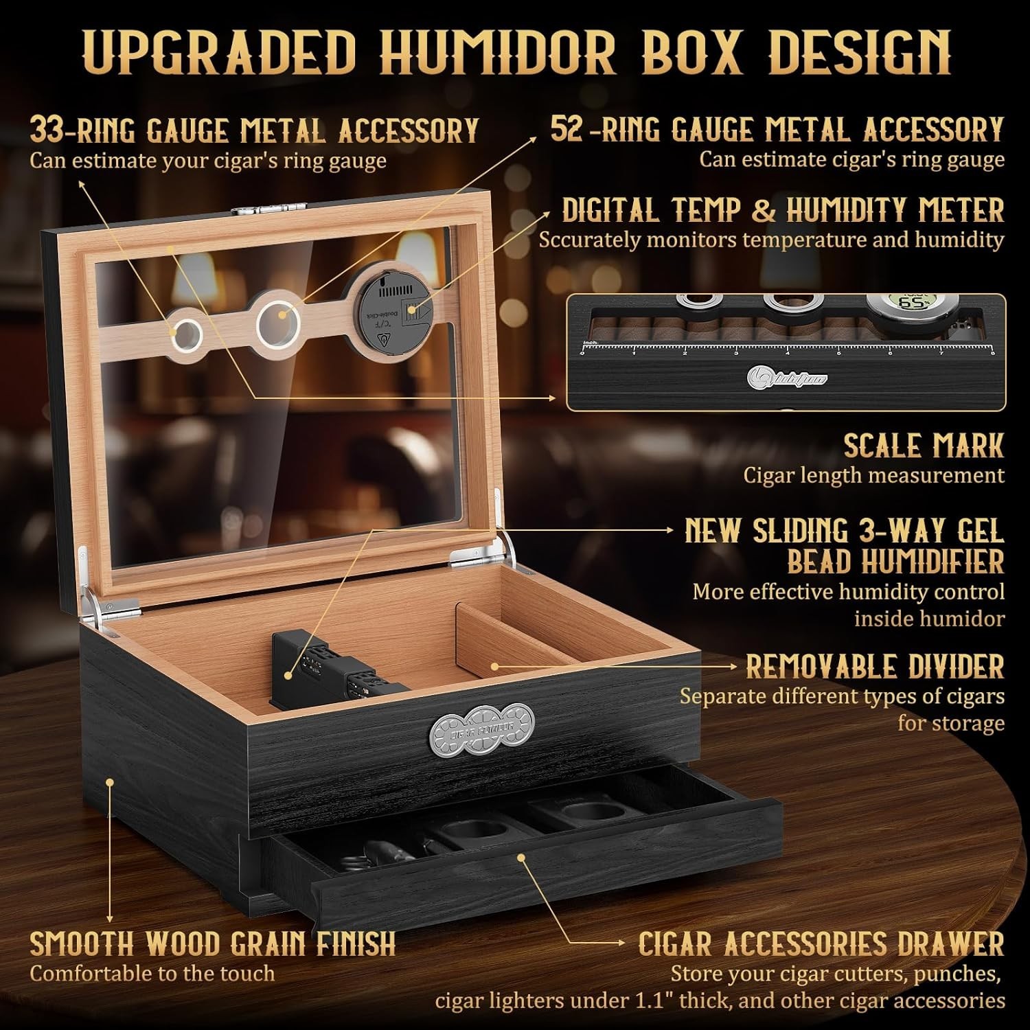 Cedar Wood Cigar Humidor Glass Top Desktop Box Digital Hygrometer Humidifier