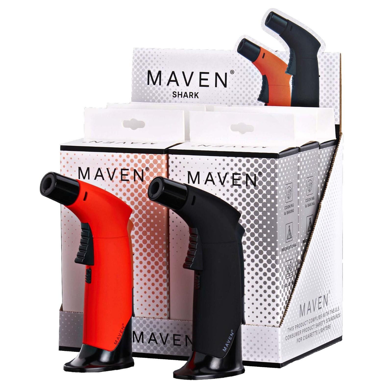 Maven SHARK Torch Lighters 6 Pack Display Refillable Jet Flame Assorted