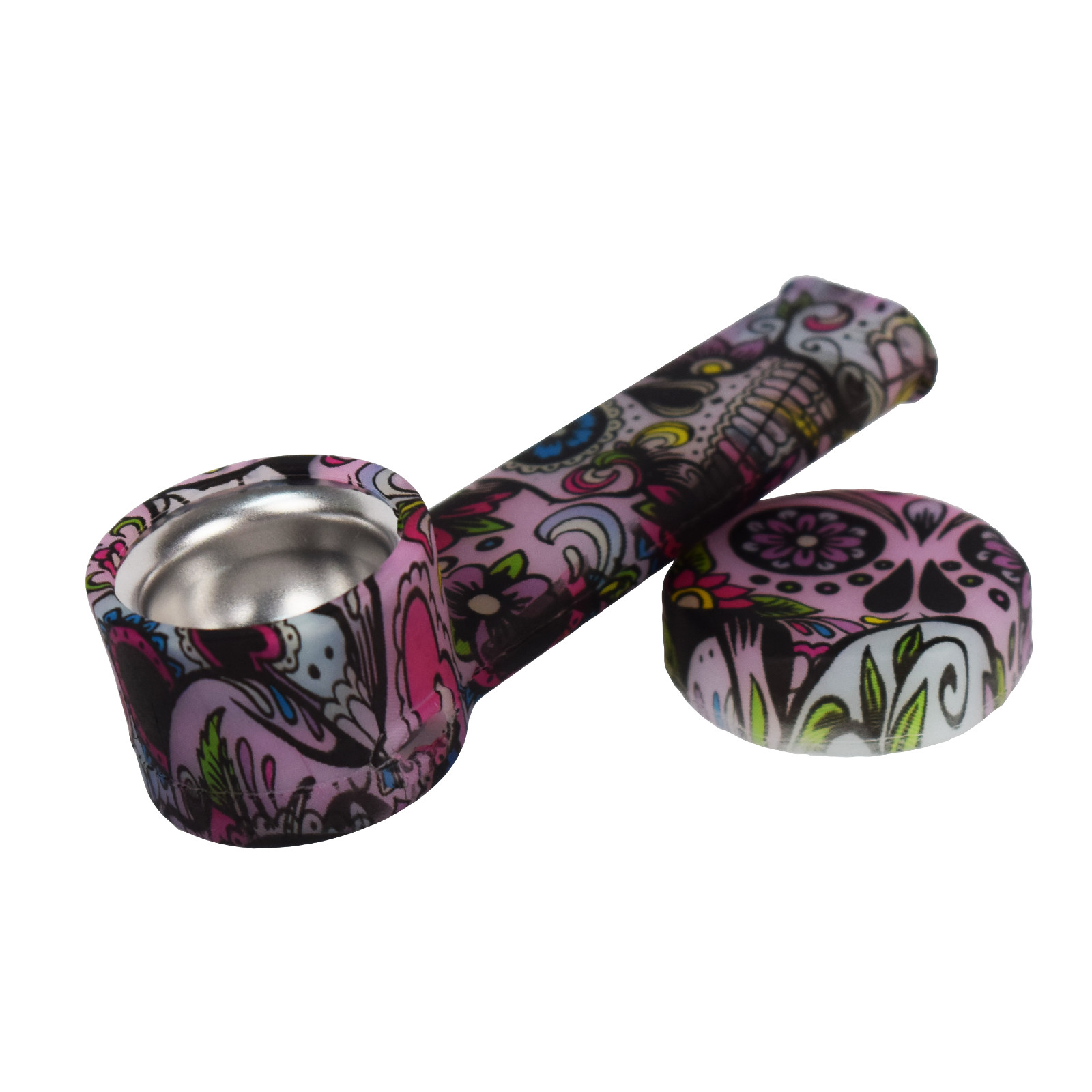 Glow-in-dark Silicone Smoking Pipe, Metal bowl & Cap Lid ~ Sugar skulls ~ 3.5 in