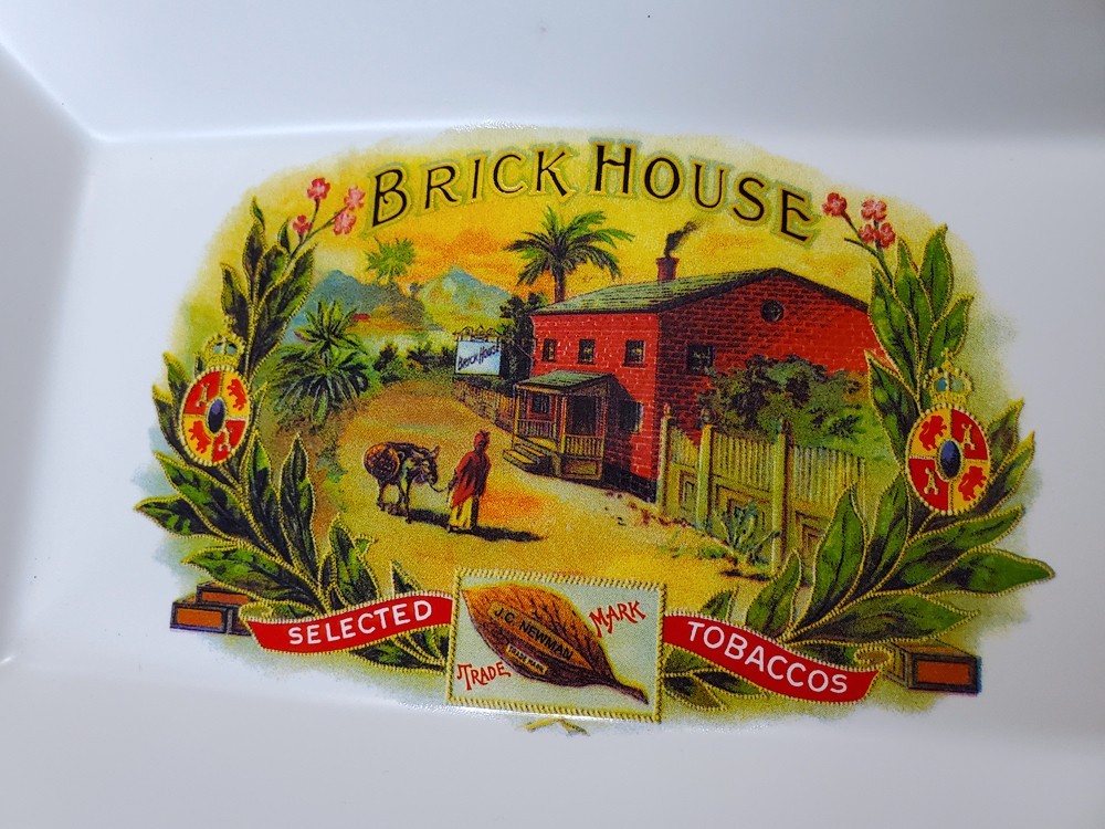 Large BRICK HOUSE TOBACCOS Deep Dish Cigar Ashtray Gold Trim 4 Rests Ceramic