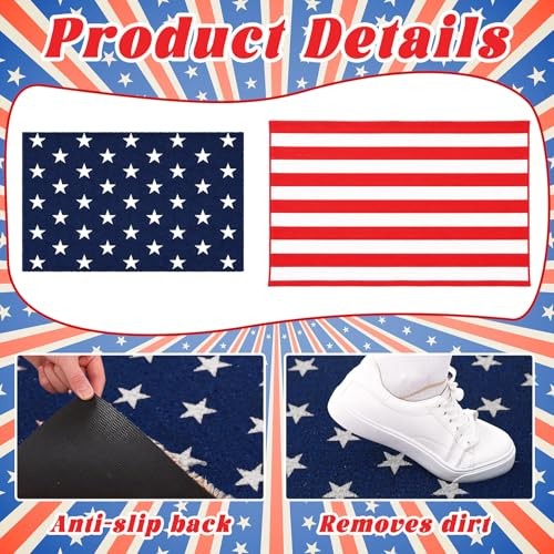 2 Pcs Door Mat Set, Layered Thick Mats Combo with Blue Star Red 4th of July