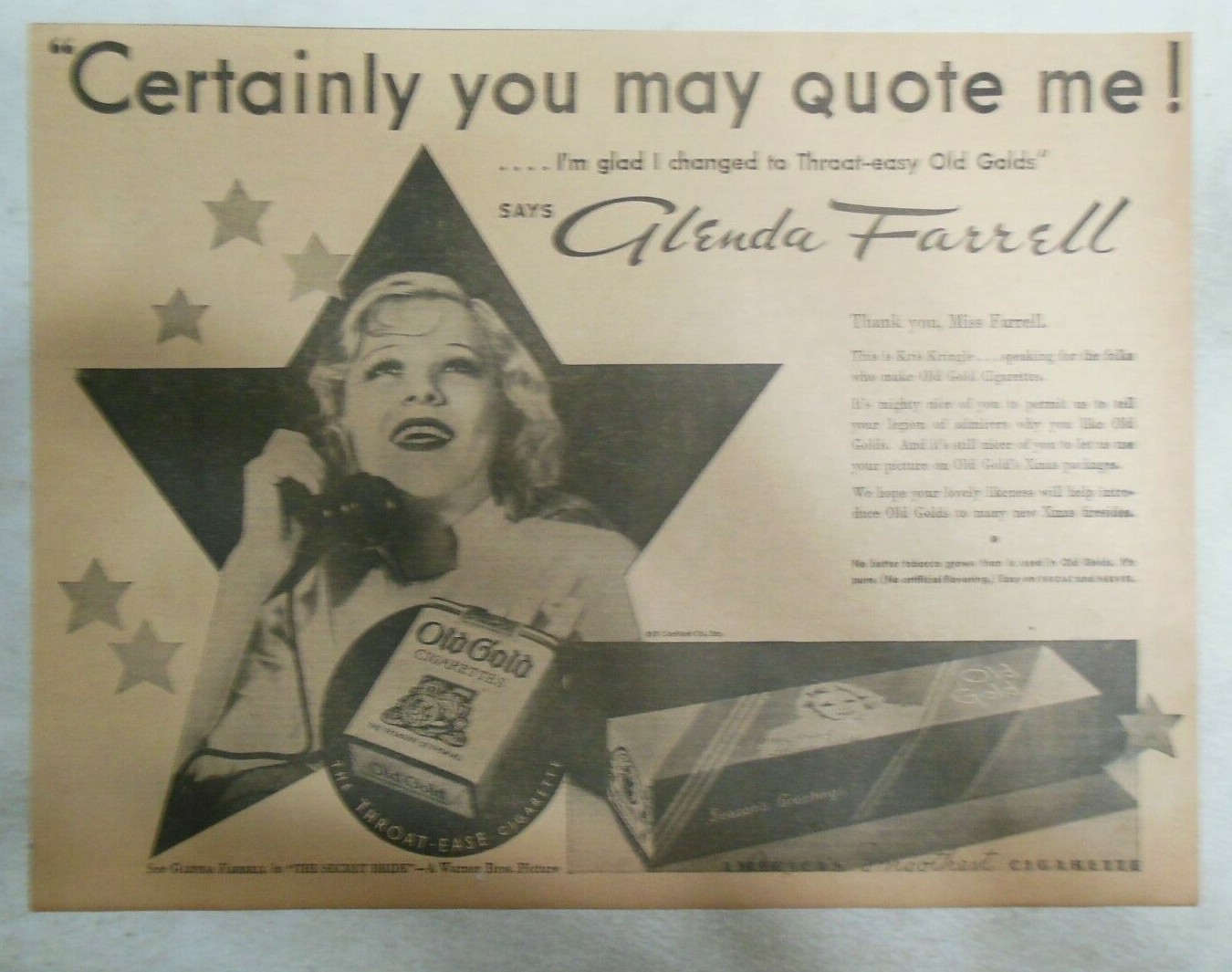 Old Gold Cigarette Ad: Glenda Farrell (Actress) from 1935 Size: 11 x 15 inches