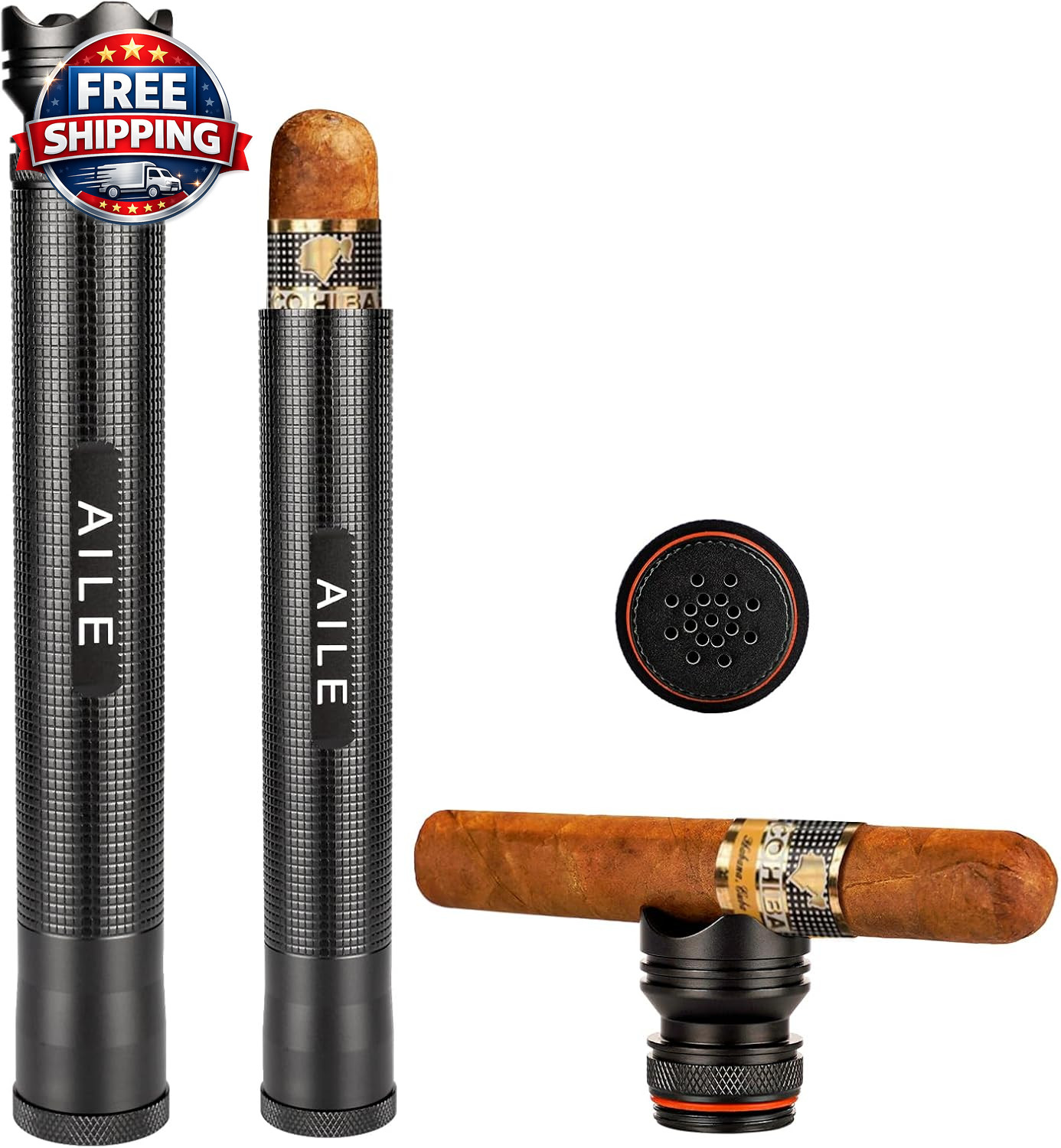 Aluminum Cigar Tube Case with Cedar Lining & Humidifier – Travel Holder Black