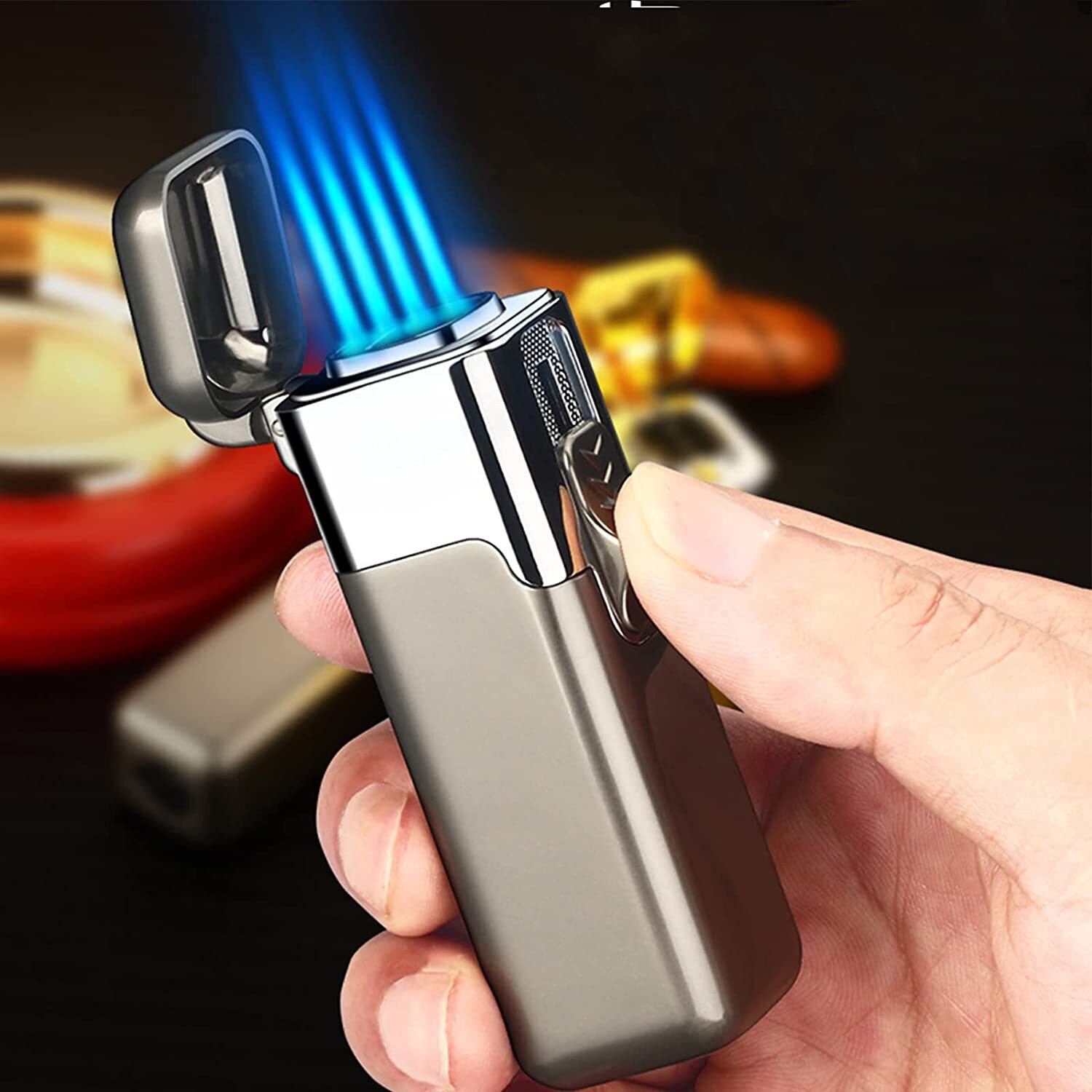 Metal Cigar Lighter 4 Jet Torch Gas Butane Refillable lighter for Cigar(Silver)