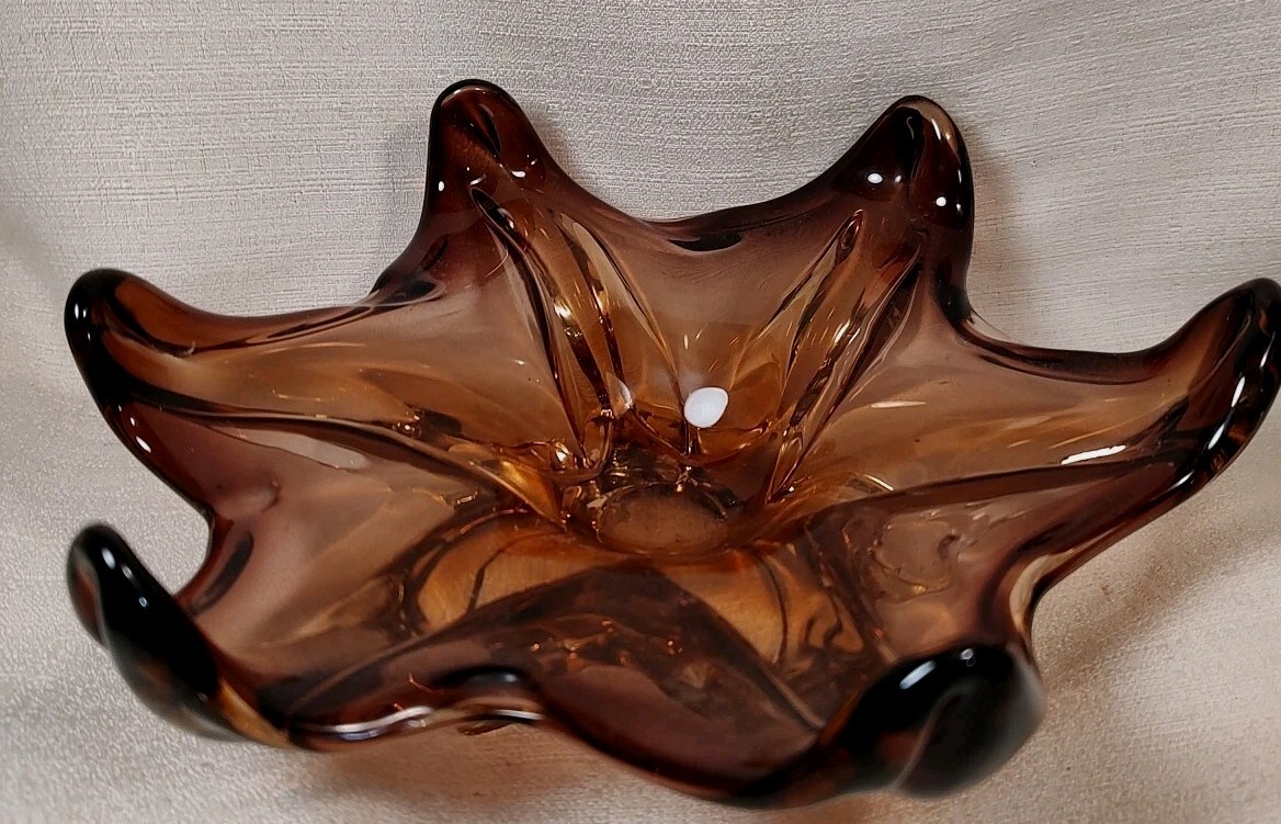 Vintage Swung Glass Amethyst Ashtray 6 Finger Trinket Dish Glows 1 Sm Burr As/Is