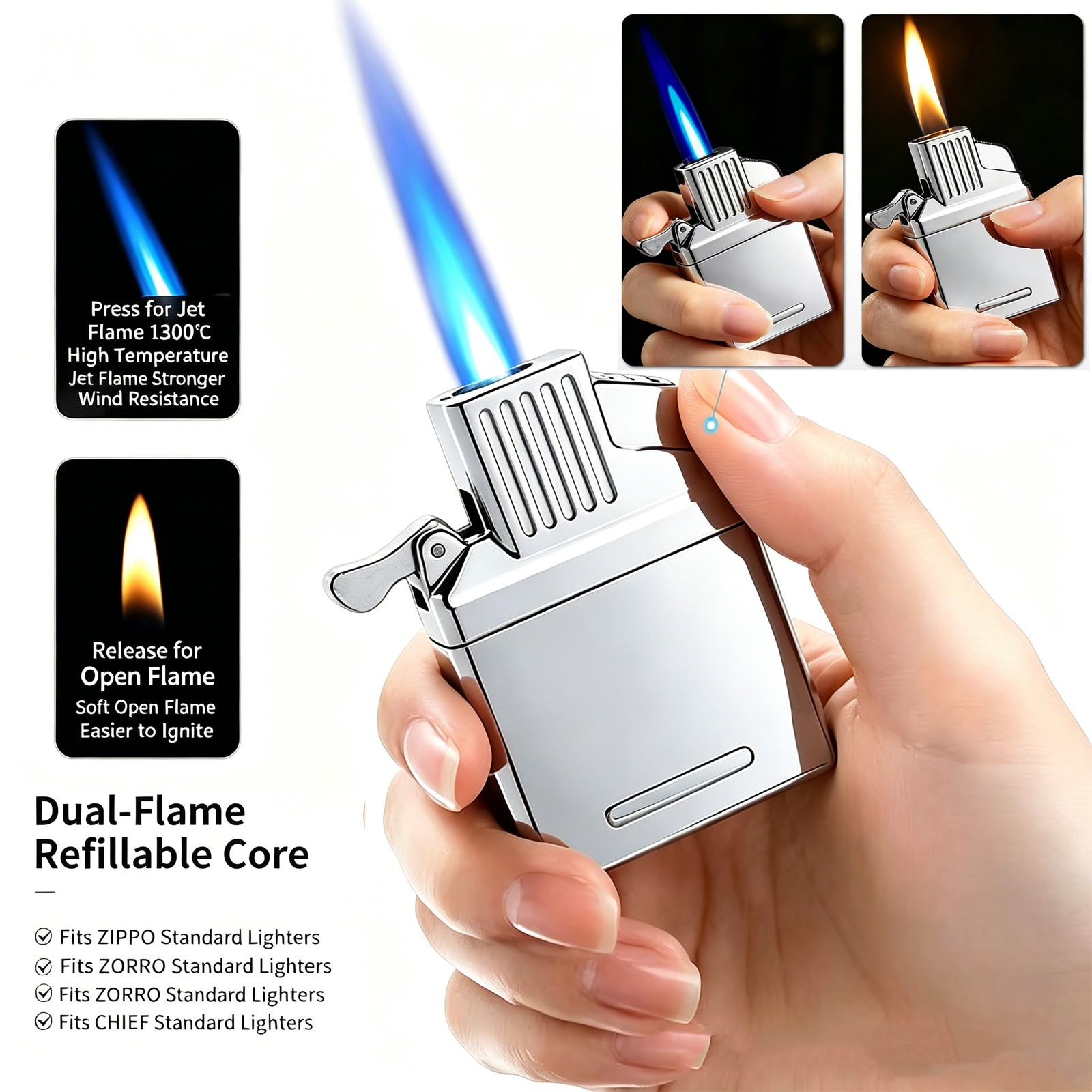 2-in-1 Jet Torch & Soft Flame Refillable Butane Lighter Insert For ZIPPO