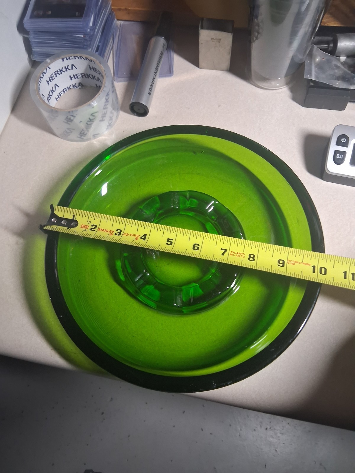 Large Retro Round 10” Vintage Ashtray- Green Glass 5 Lbs
