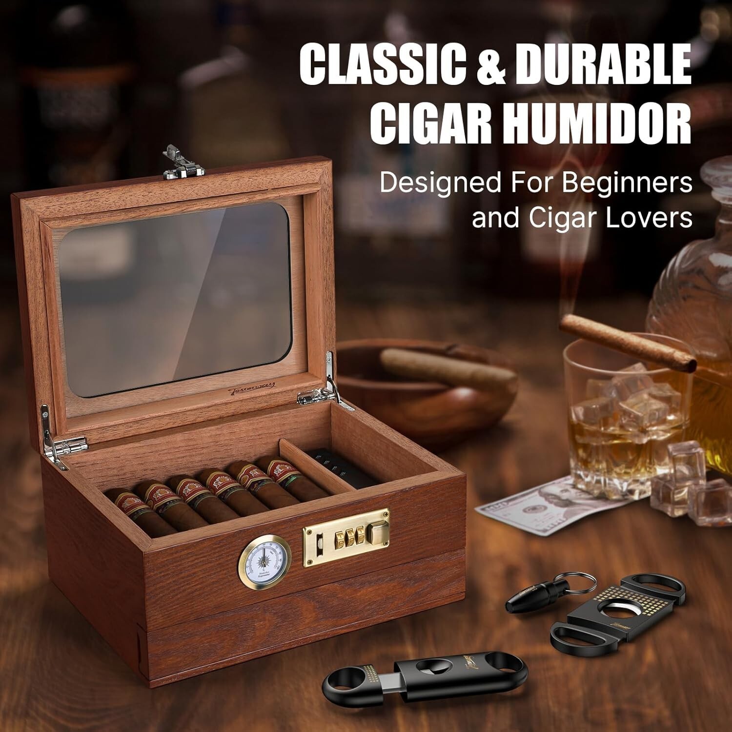 Cigar Humidor, Cedar Wood Humidor Cigar Box Combination Lock, Gift for men