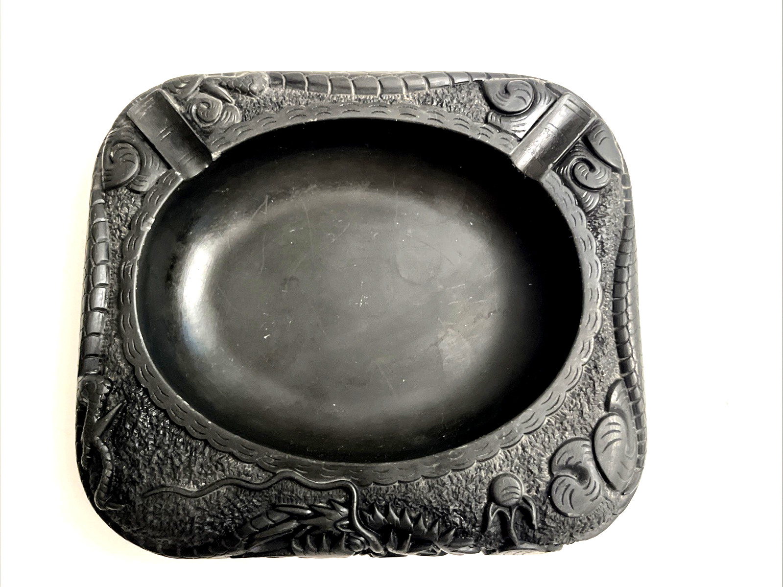 Vintage Heavy Chinese Asian Carved Black Slate Lava? Dragon Ashtray L@@k!