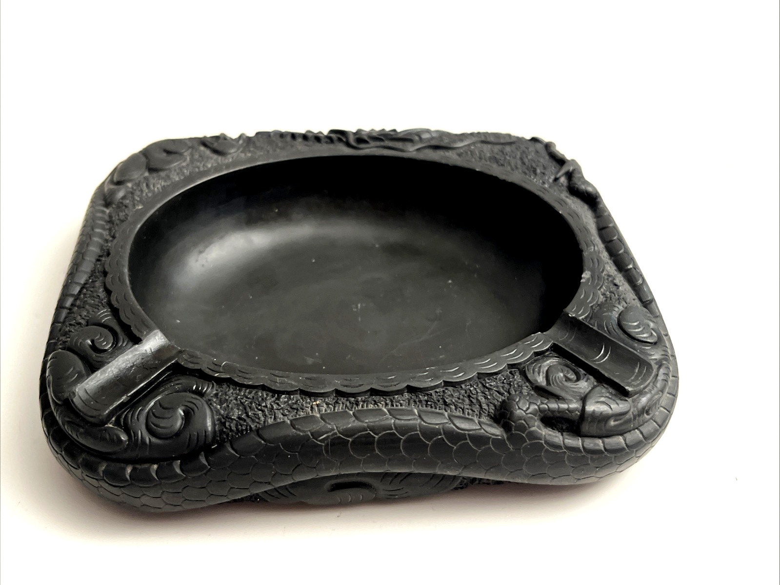 Vintage Heavy Chinese Asian Carved Black Slate Lava? Dragon Ashtray L@@k!