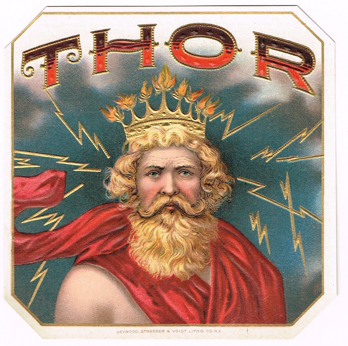 ORIGINAL CIGAR BOX LABEL VINTAGE C1900 THOR THUNDERING GOOD GOD OF THUNDER OUTER