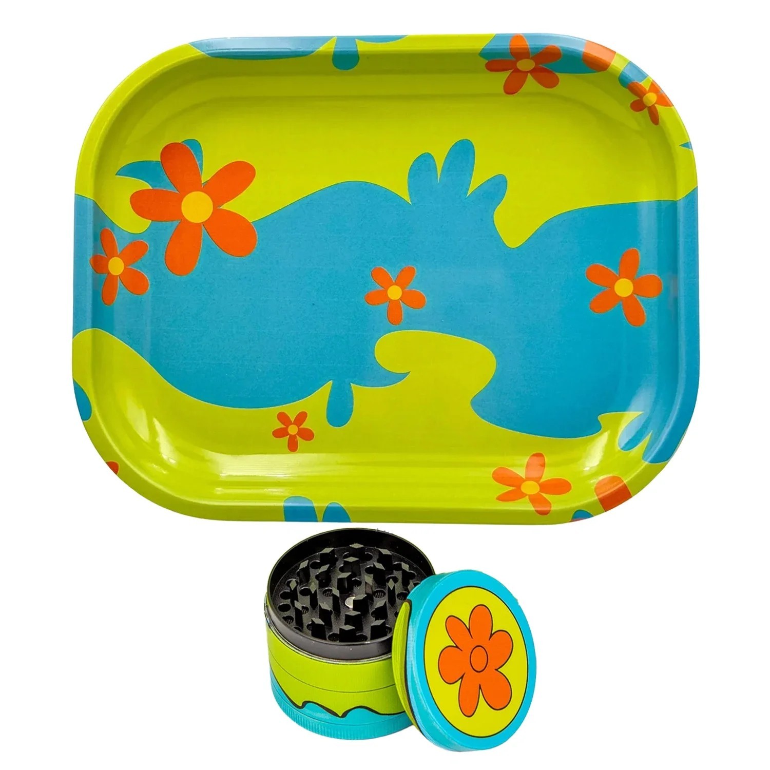 2 Pack Daisy Flower Rolling Tray and Herb Grinder Set