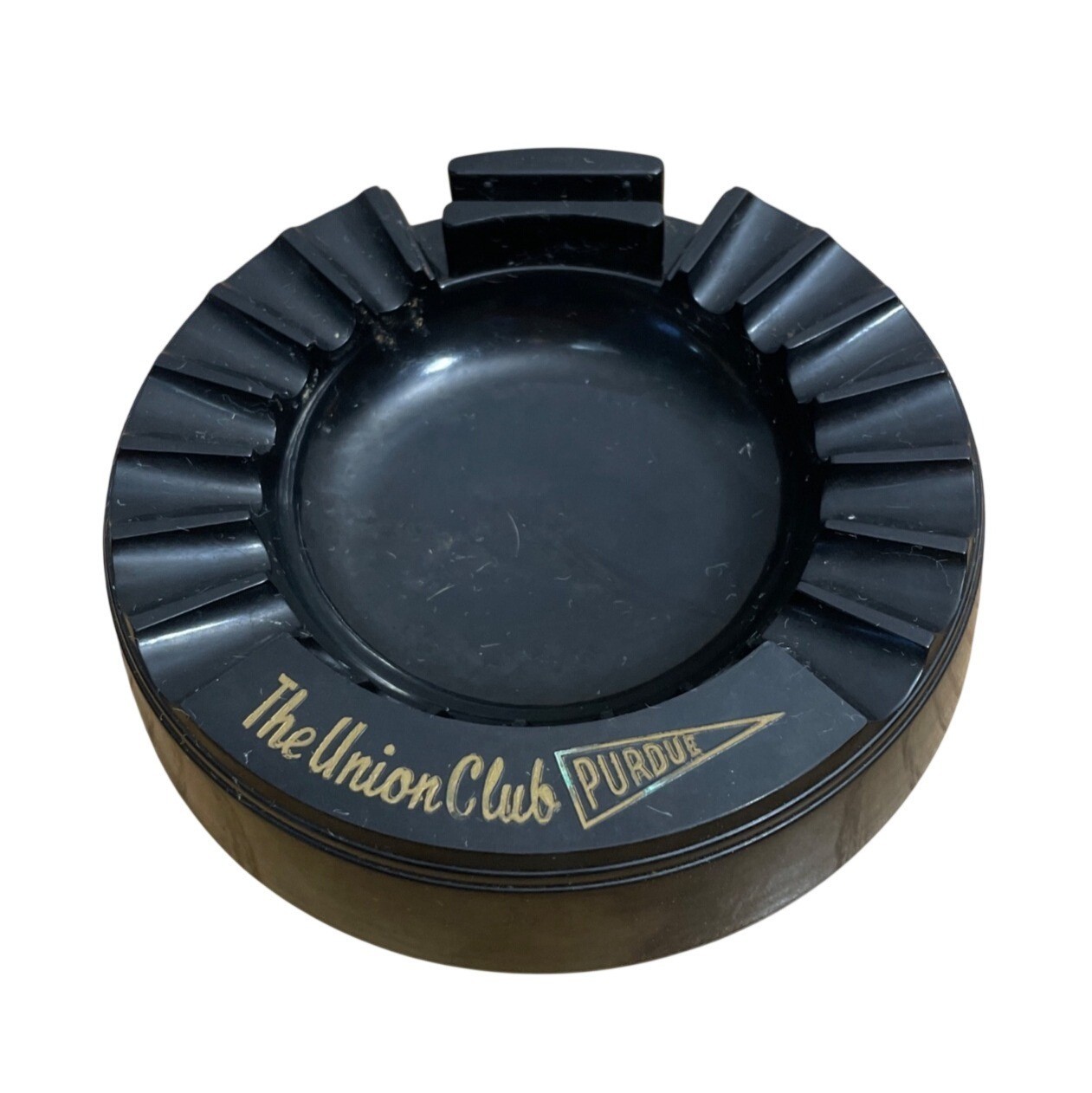 Vtg Daka-Ware Tops Bakelite Black Ashtray The Union Club Purdue University Hotel