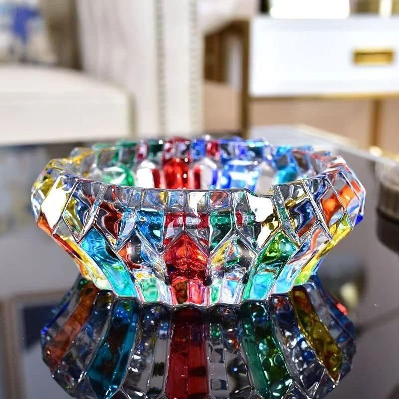 Colorful Vintage Cigar Ashtray Cut Crystal Glass Tobacciana Heavy Cut Art Round