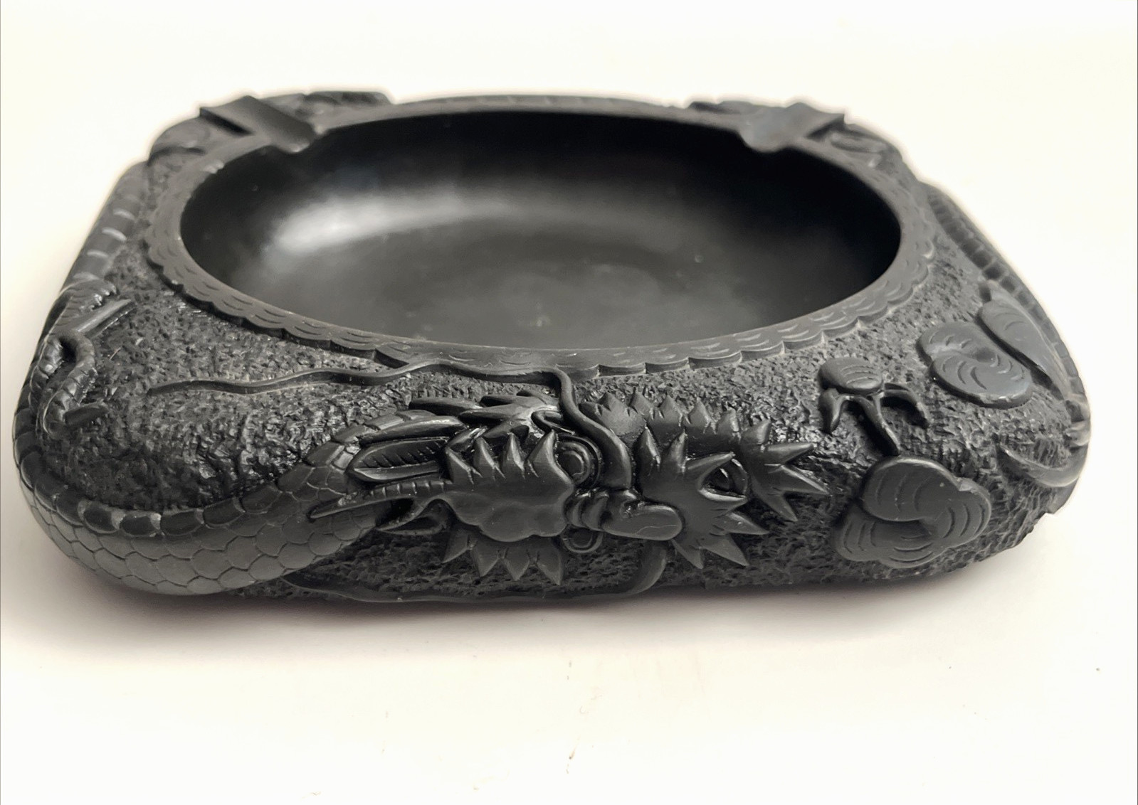 Vintage Heavy Chinese Asian Carved Black Slate Lava? Dragon Ashtray L@@k!