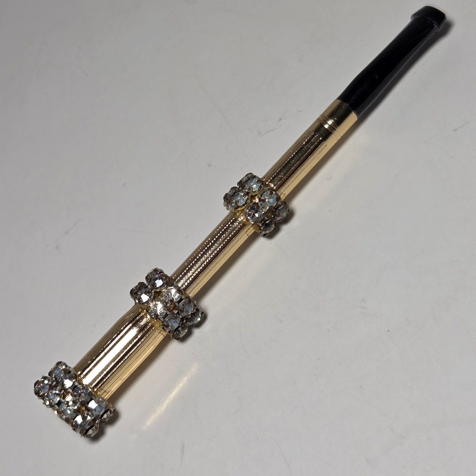 Vtg Art Deco Rhinestone Cigarette Holder Gold Tone Black Tip Functional Gatsby