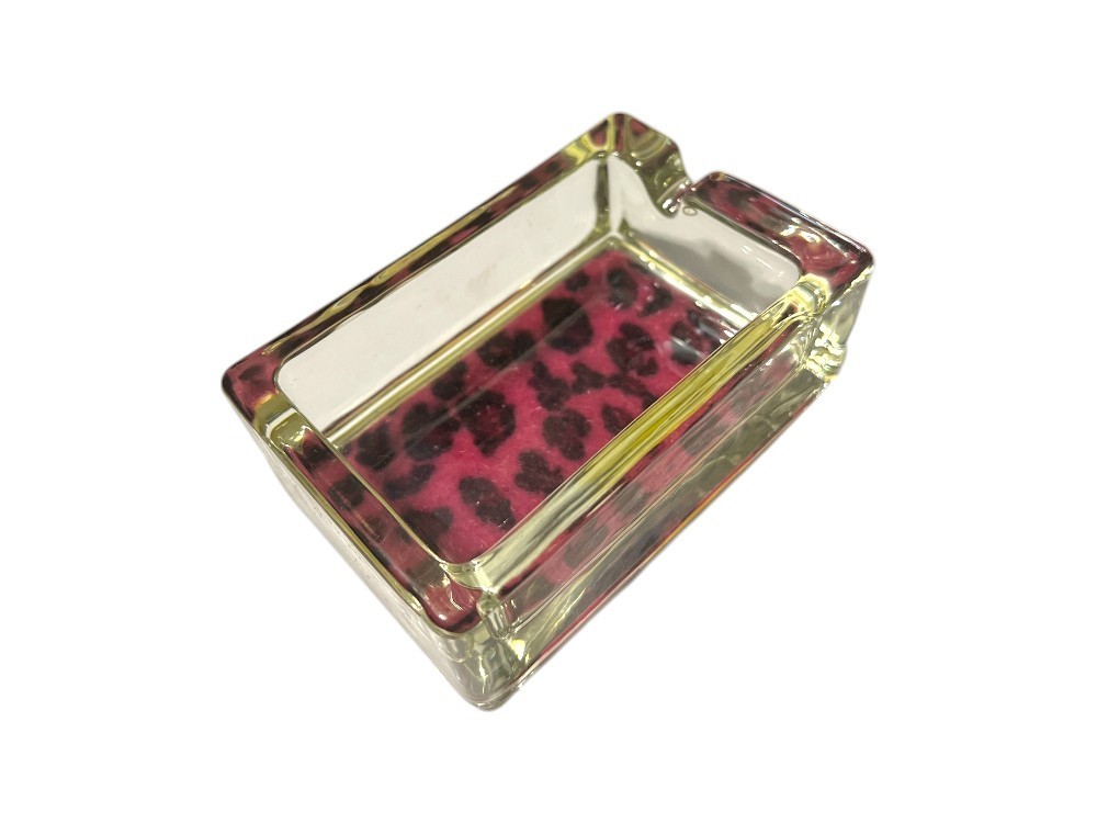 Pink & Black Animal Print Glass & Fur Ashtray For Cigarettes & More