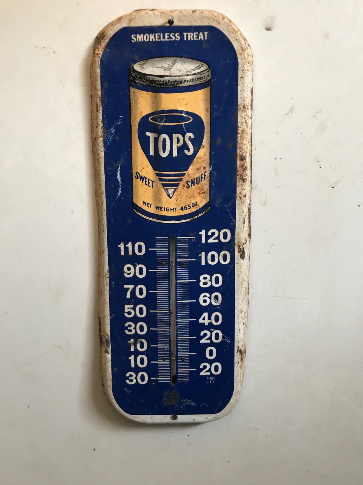 Vintage Metal TOPS Sweet Snuff Tobacco Can Thermometer USA