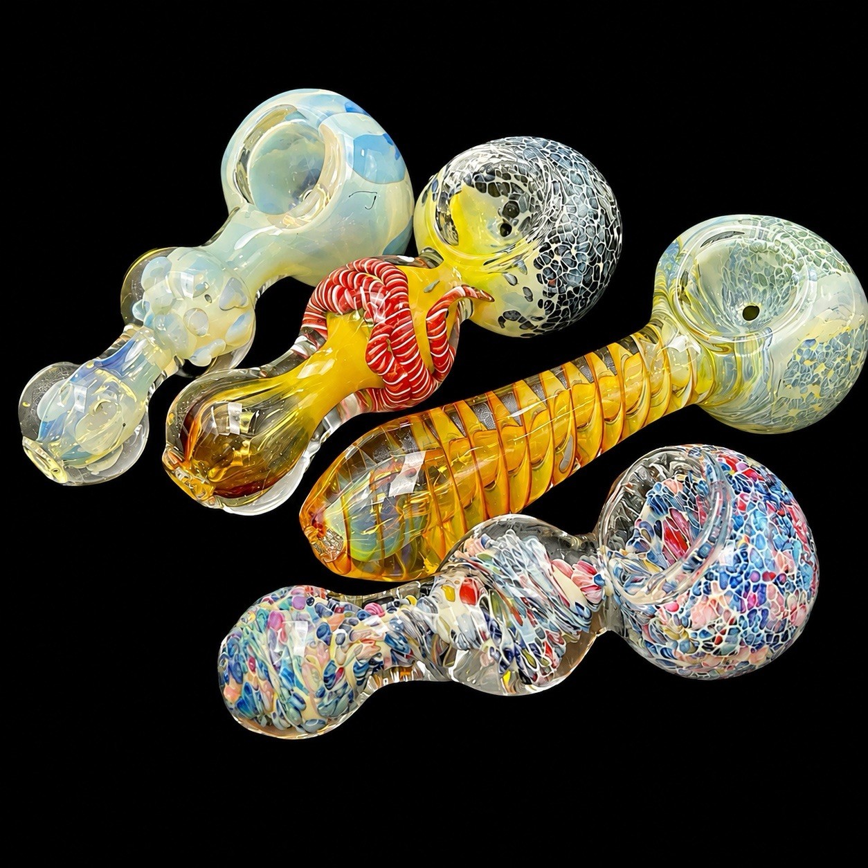 4 Pack Hand Blown Glass Tobacco Pipes Mixed Colors & Designs 3”–4.5” Mystery Set