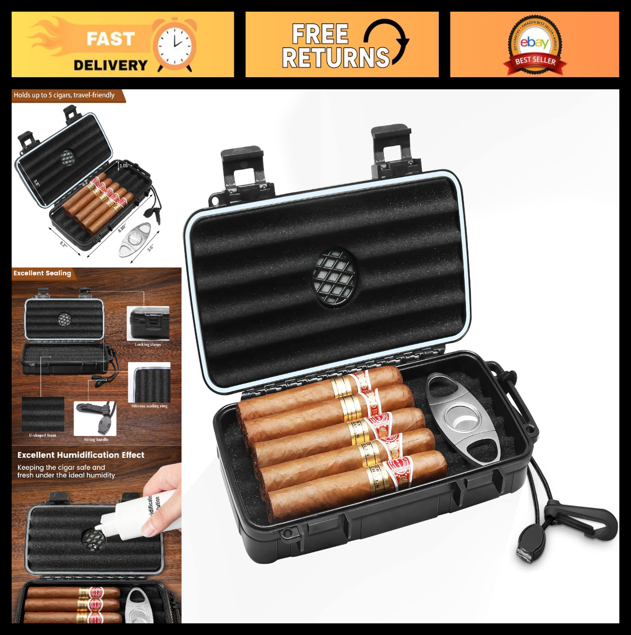 Portable Travel Cigar Humidor Case – Waterproof, Crushproof, Airtight, Holds 5 C