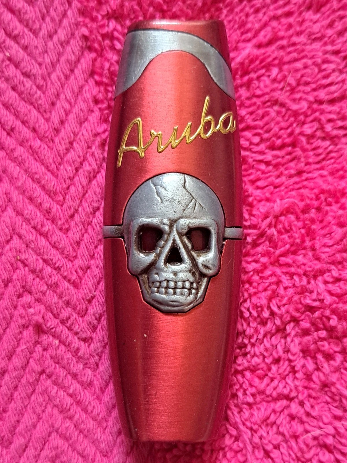 Vintage Aruba Souvenir Skull Head Red Unbranded Flip Top Butane Lighter Sparks!