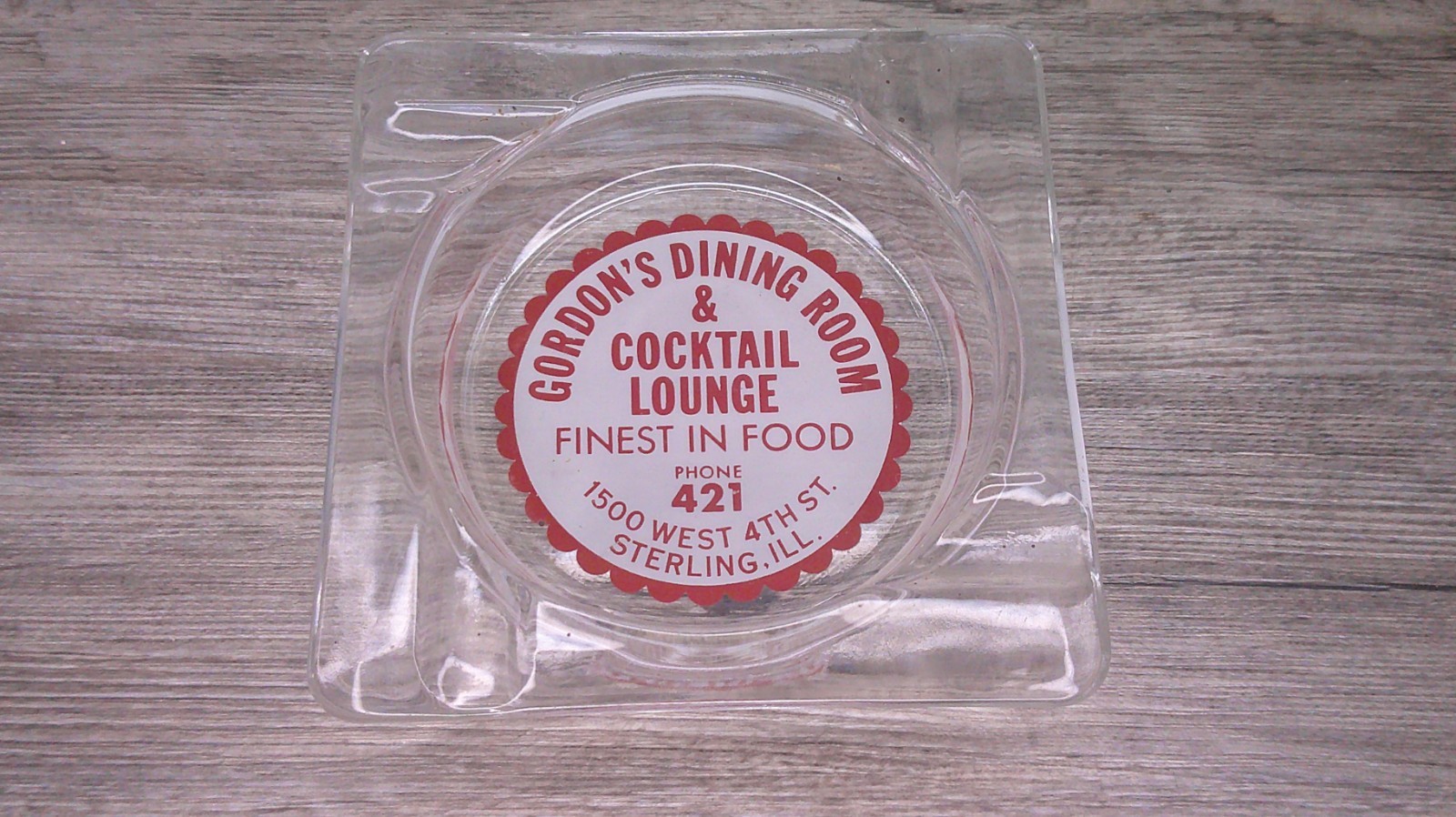 vintage advertising Gordon’s dining room Sterling, Ill. glass ashtray Ph. 421