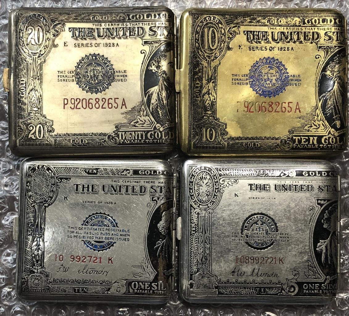 $500 $20 $10 DOLLAR VINTAGE GOLD SILVER CERTIFICATE METAL CIGARETTE CASE 4 pcs