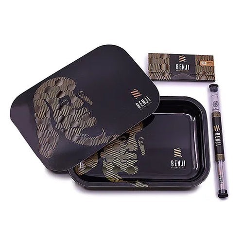 Benji Metal Rolling Tray with Magnetic Lid+ Pre-Rolled Cones + Rolling Papers