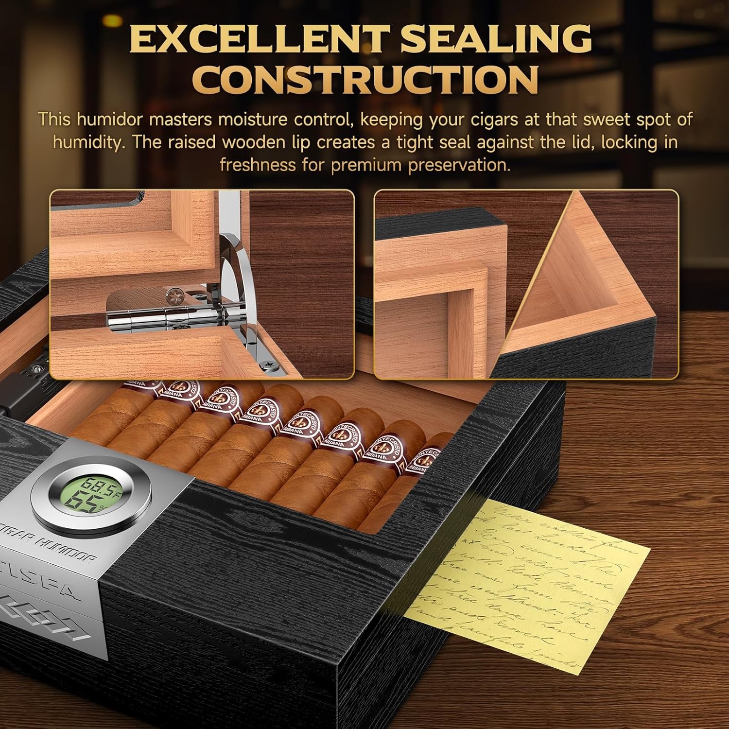 Cigar Humidor, Cedar Wood Desktop Humidor Box with Digital Hygrometer, Adjustabl