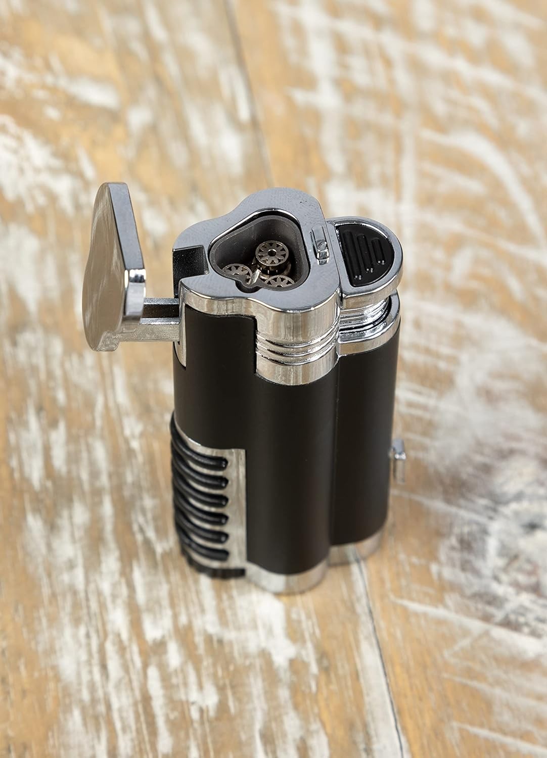 Cyclone Triple Torch Cigar Lighter with Punch Cutter – Chrome & Black Elegance