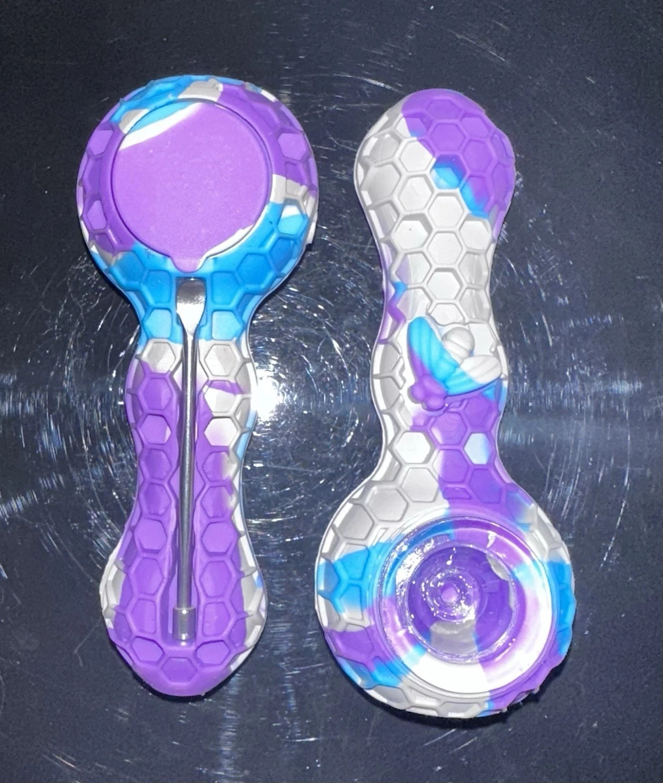 Silicone Smoking Pipe 4.3″ with Glass Bowl & Cleaning Tool Honeycomb Bee Design