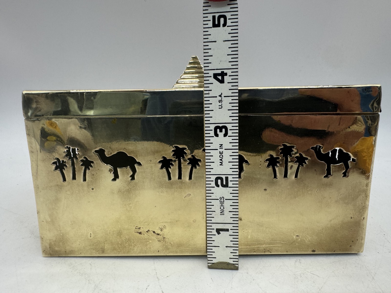 VTG Camel Cigarette Brass Tobacciana Box w/ Pyramid Lid Palm Trees
