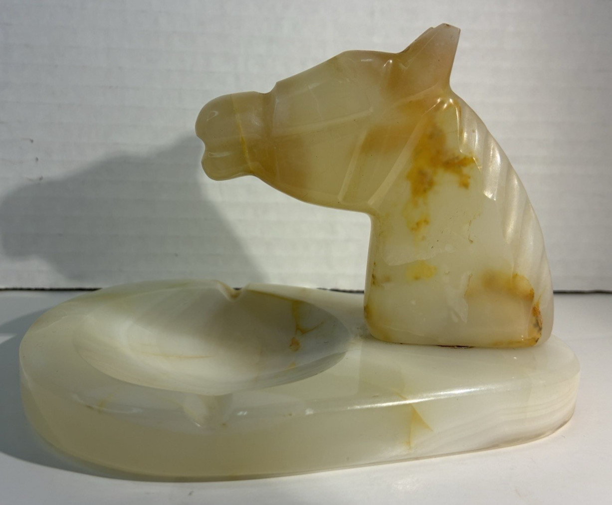 Vintage Carved Onyx Horse Head Ashtray Trinket Dish Mid Century Modern Stone