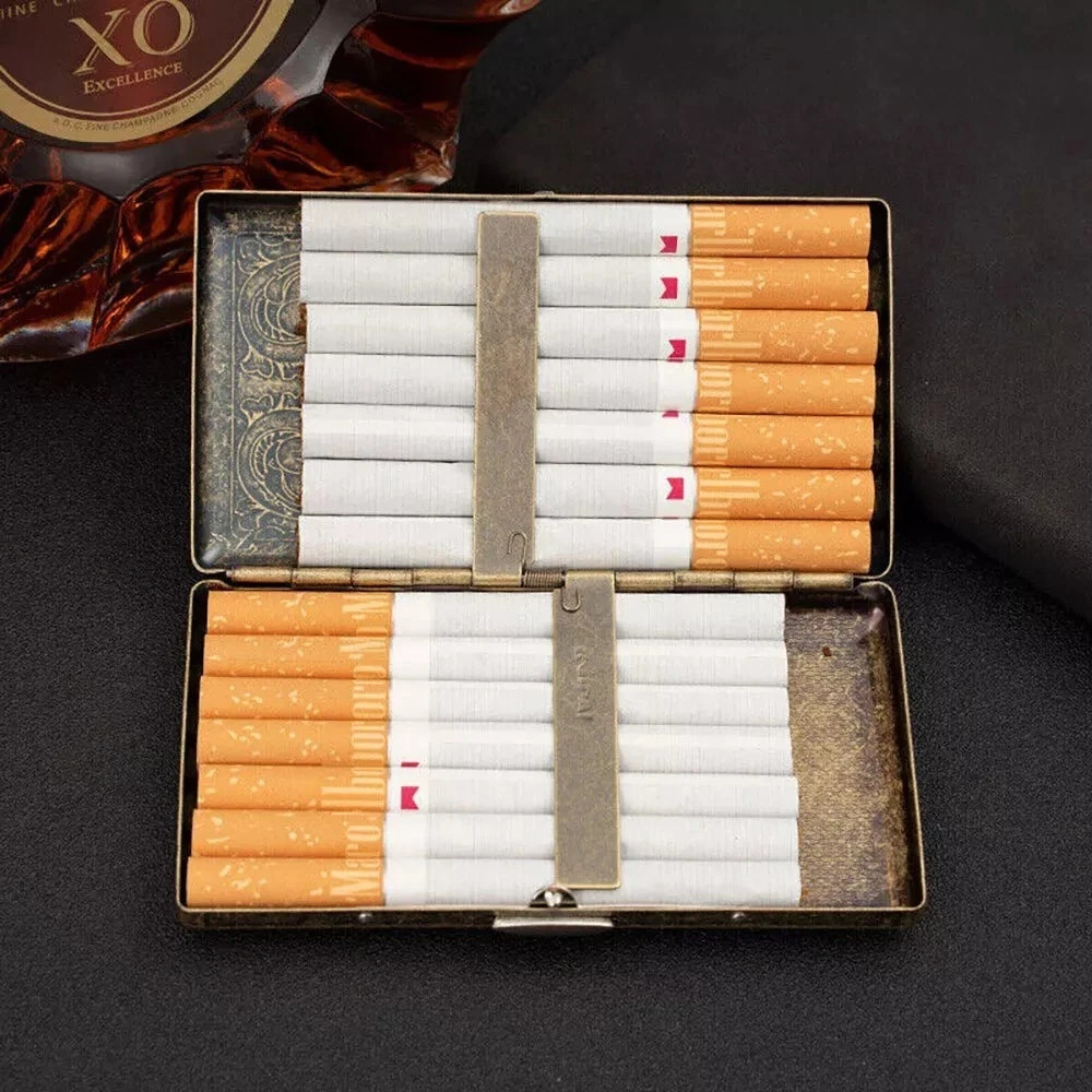 Retro Bronze Metal Cigarette Case Holder Box For King Size or 20’s Cigarettes US