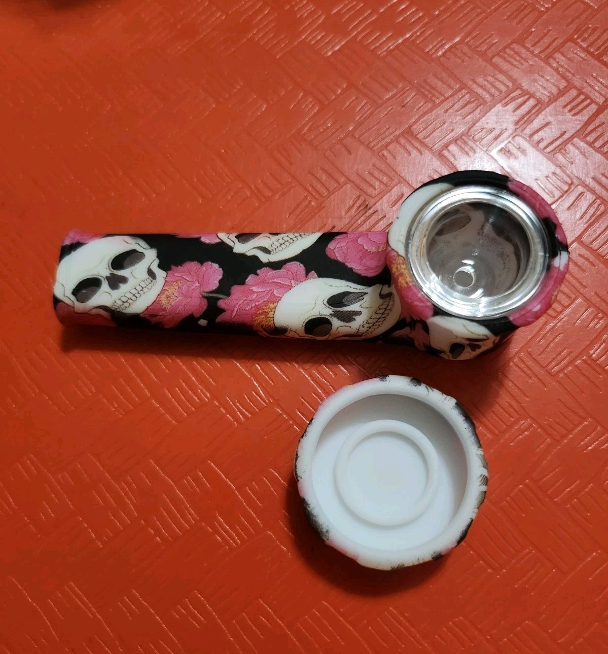 Black Pink White Skull Flower Skull Tobacco Pipe Glass Bowl Collectible