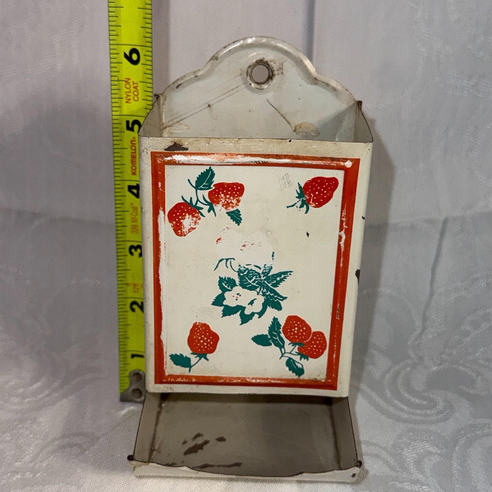 Vintage Tin Match stick holder, strawberry Design, mounts on wall for matches
