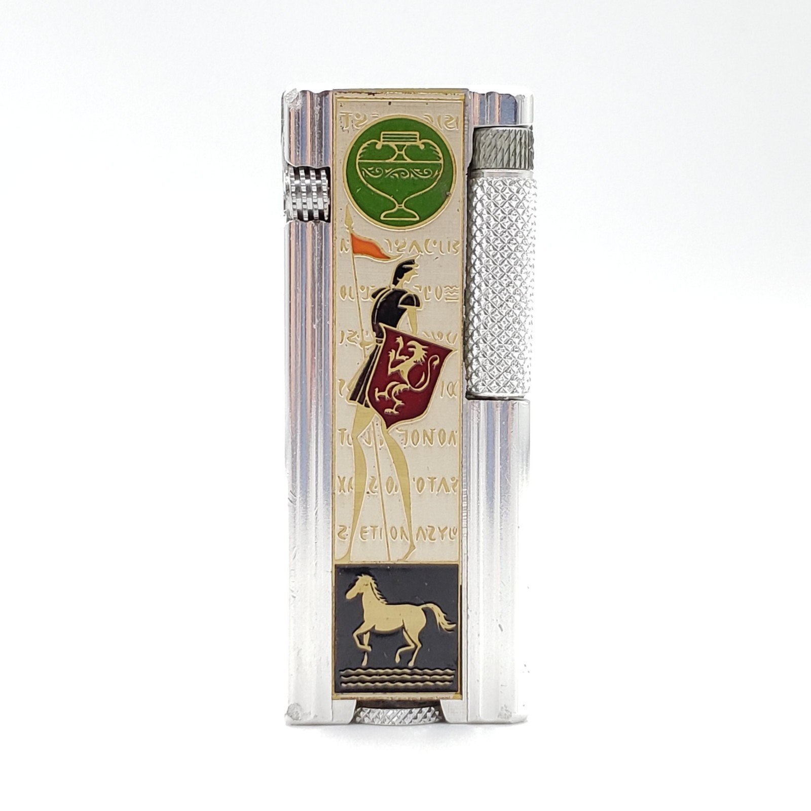 Vintage Penguin Cygnus Silver Ribbed Petrol Roller Lighter, Knight & Horse Panel
