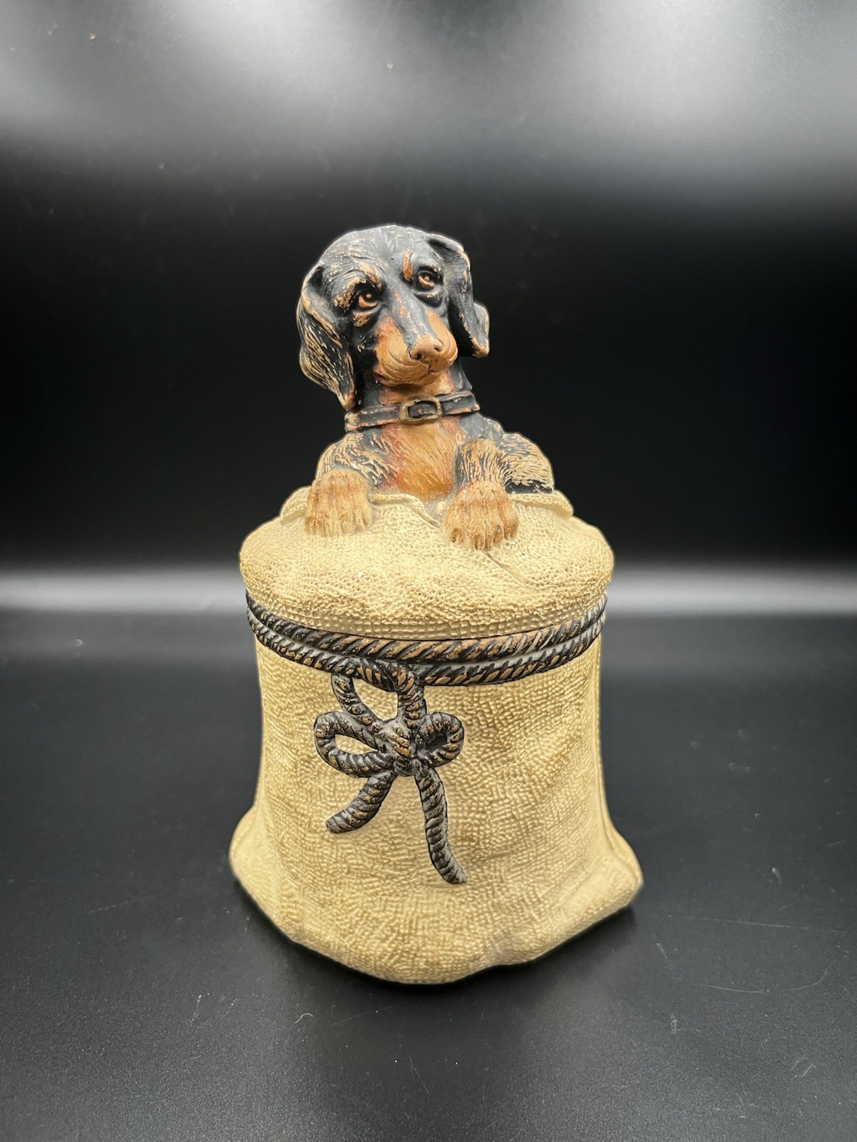 Antique Johann Maresch Dachshund Tobacco Jar Humidor Dog on Burlap Sack Austrian