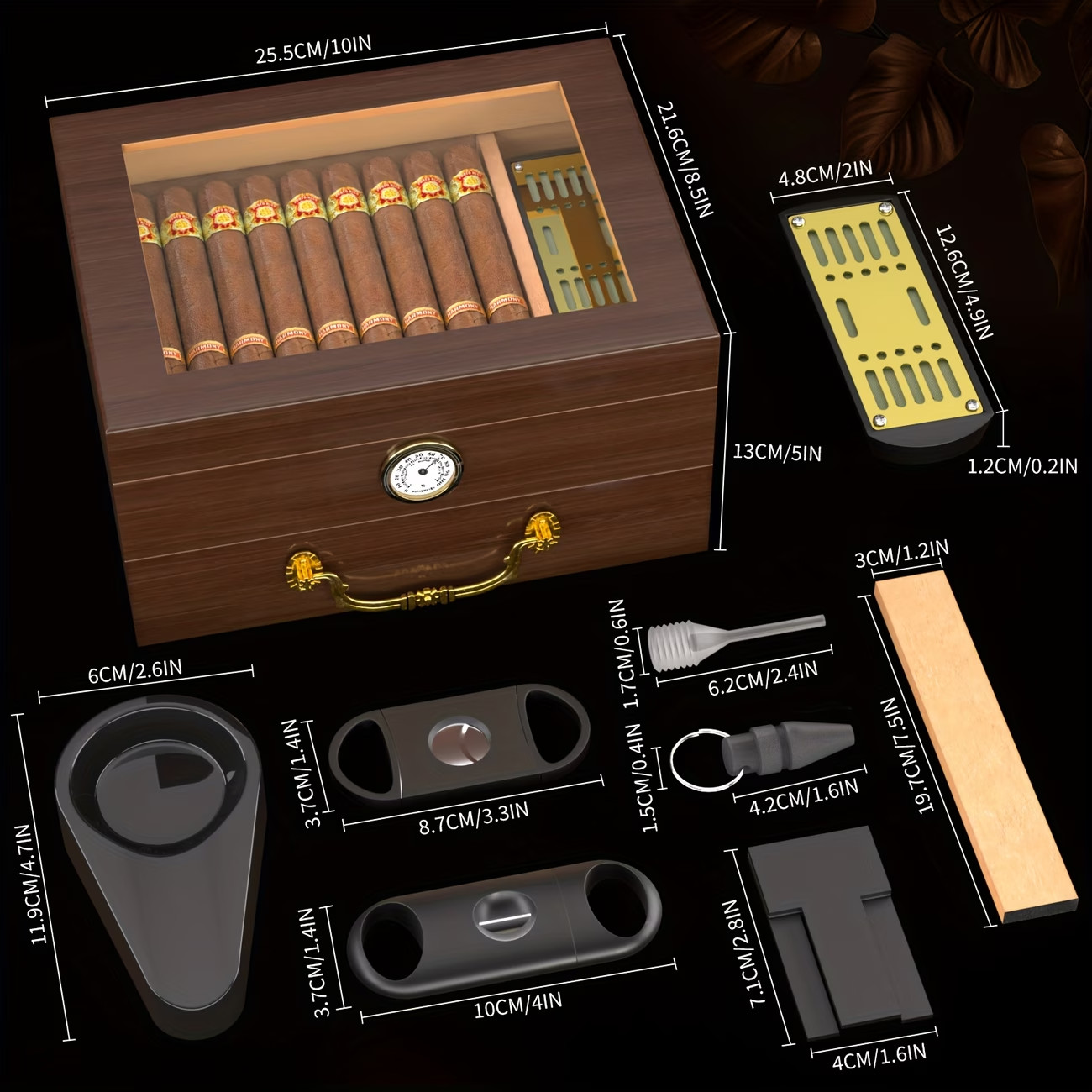 Cigar Humidor Box Glass Top Cedar Lined Hygrometer Lock Brown Case