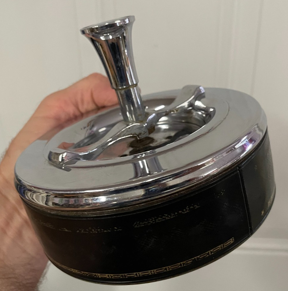 Original Vintage Mid Century Chrome & Black Spinning Ashtray Rare Home Decor