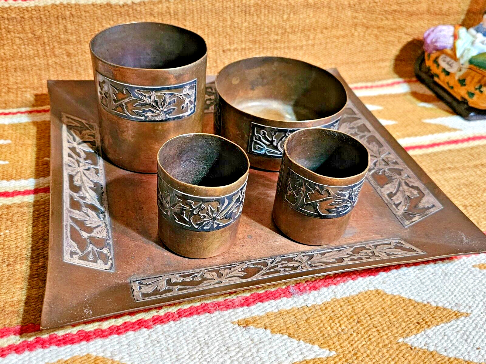 FANTASTIC 1900s Arts & Crafts 5pc Smoking Set Sterling Silver On Bronze Heintz ?
