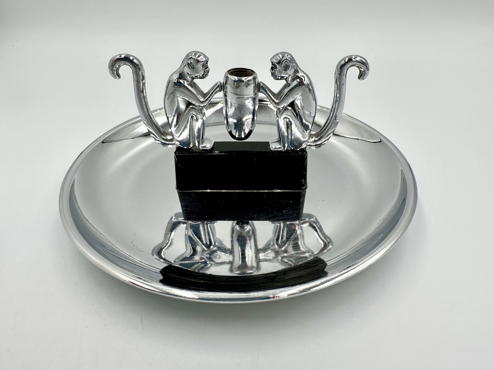Vtg Hamilton Art Metal Co Pincherette Double Monkey Ashtray With Snuffer Chrome