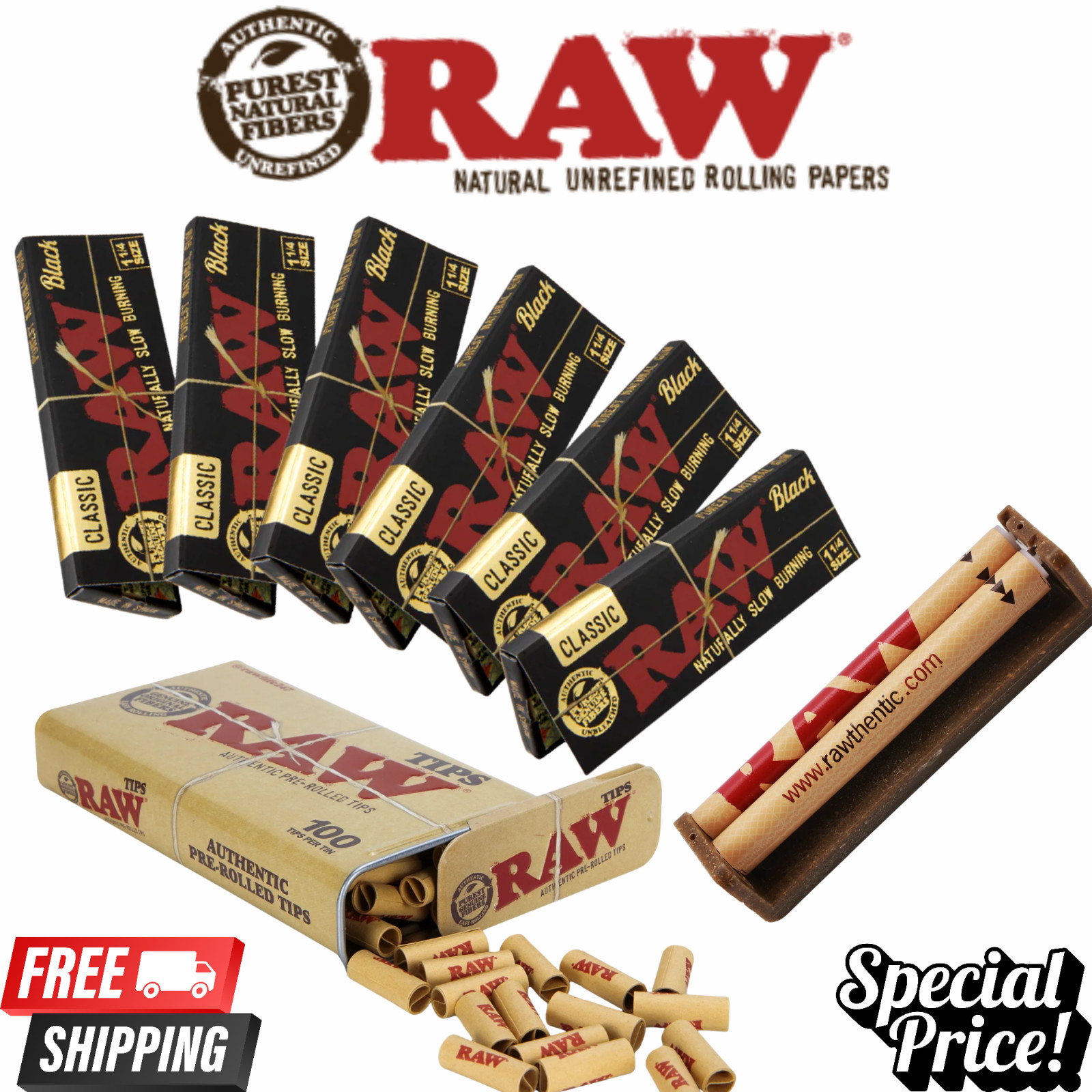 RAW Black Classic 1 1/4 Rolling Papers 6pk+ 100 RAW Tips Tin & Raw 79mm Roller