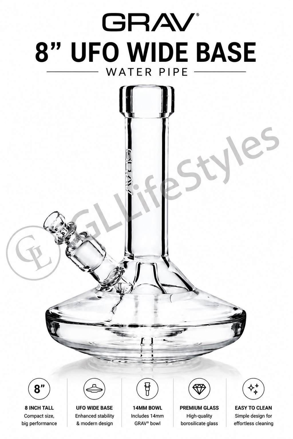 UFO 8″ Inch Grav® Small Wide Base Water Pipe Bong Glass Hookah High Quality*USA*