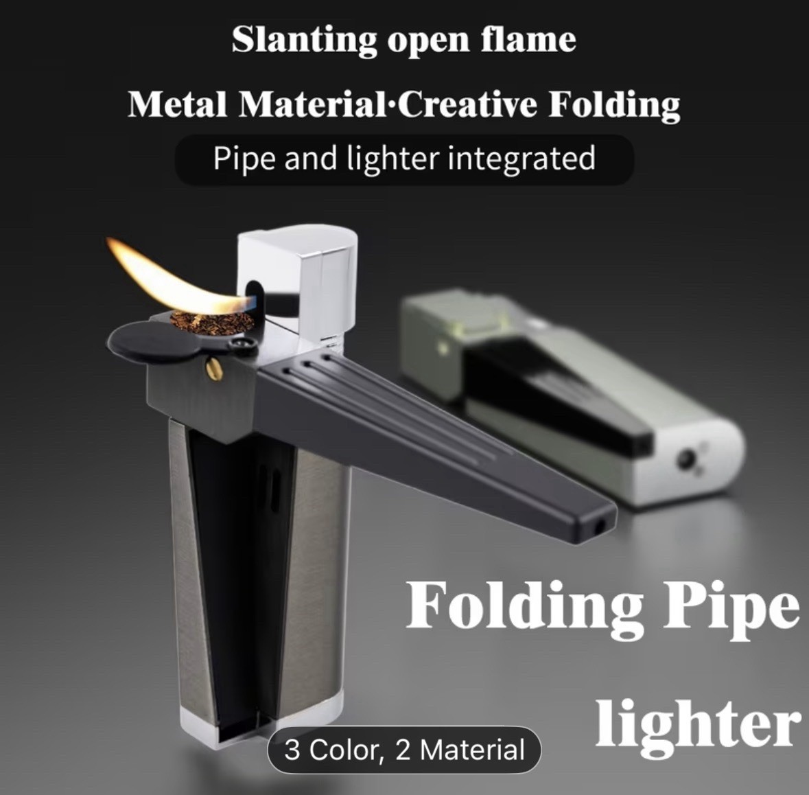Refillable 2-in-1 Folding Pipe Lighter Adjustable Flame Metal Windproof
