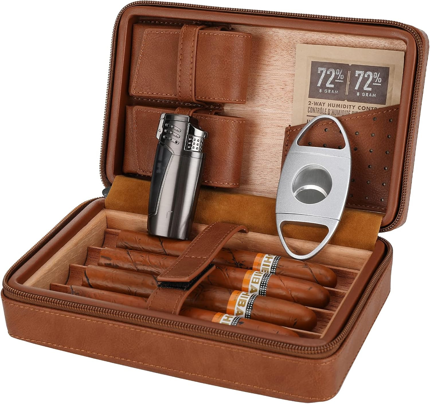 Luxury Cedar Leather Cigar Travel Humidor & Accessories Gift Set – Brown