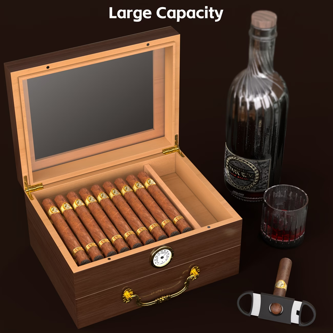 Cigar Humidor Box Glass Top Cedar Lined Hygrometer Lock Brown Case